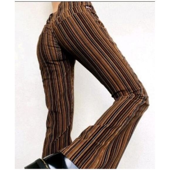 Vintage 90s Bubblegum Corduroy Flare Pants Striped Brown Blue Low Rise Y2K 3/4